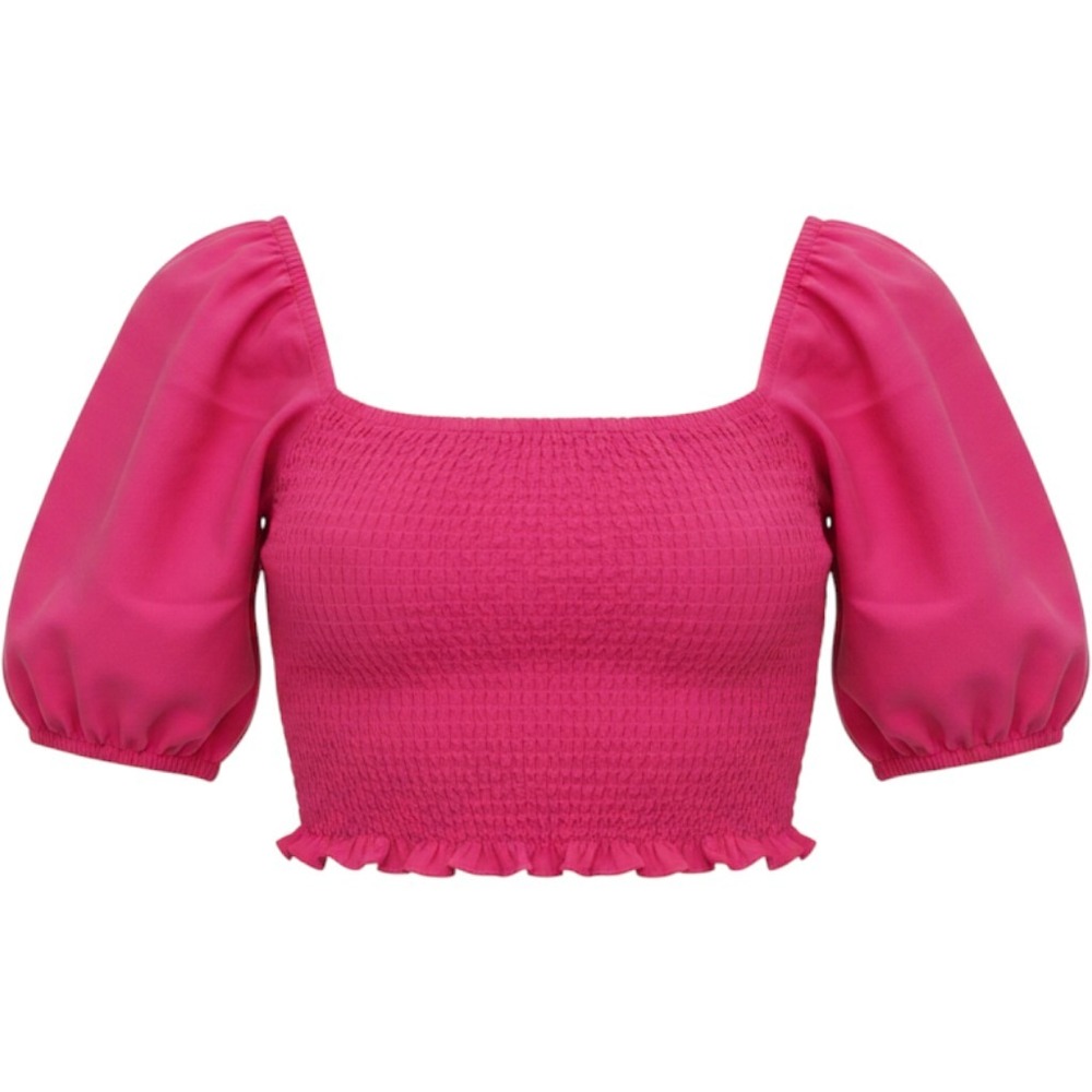Universal Thread Smocked Puff Sleeve Crop Top Hot Pink Square Neck Small